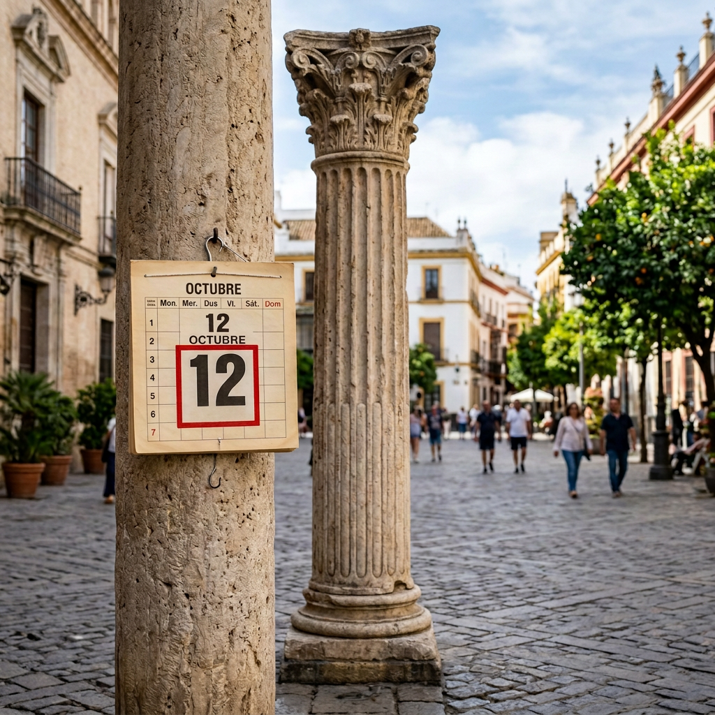 Calendar reading OCTUBRE 2024, 12 OCTUBRE, SÁBADO, beside a column in a plaza